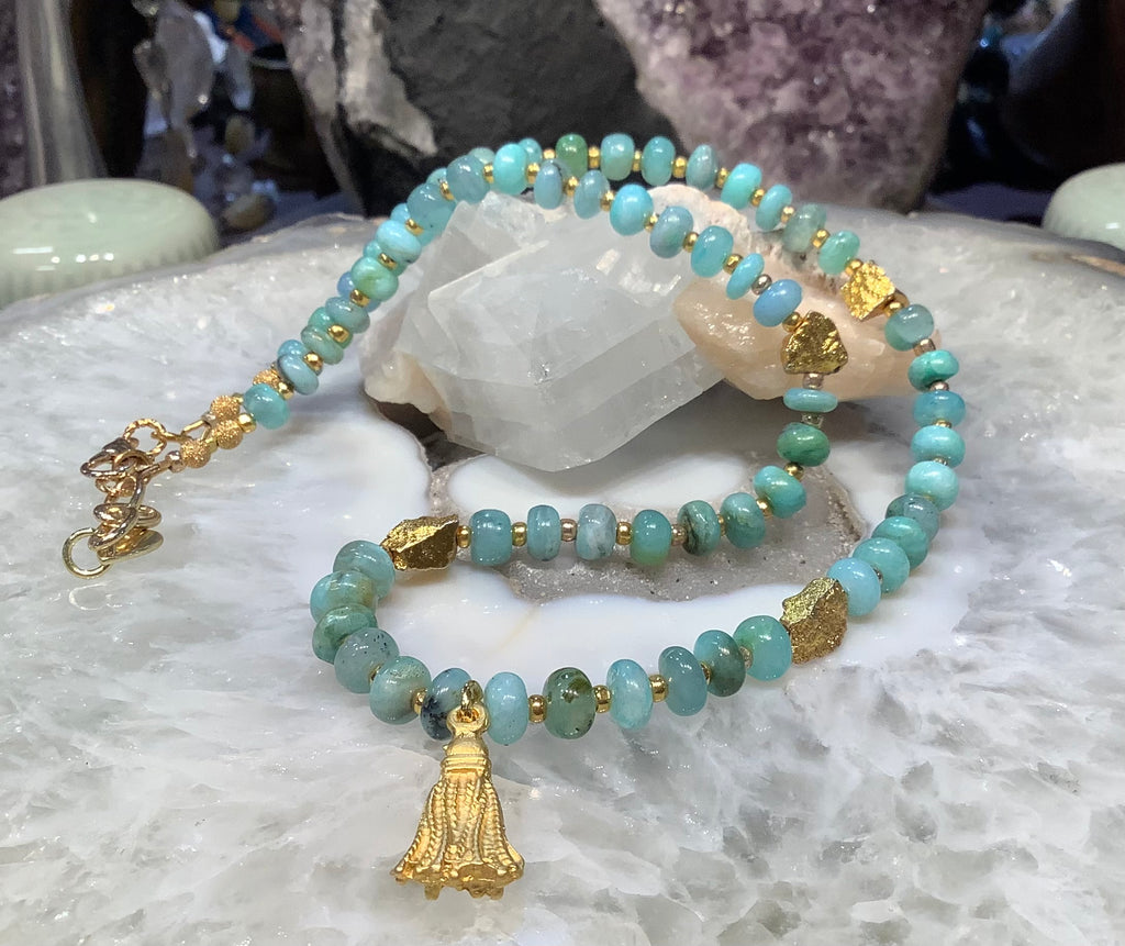 Peruvian blue opal rondelle & pyrite tassel gemstone necklace