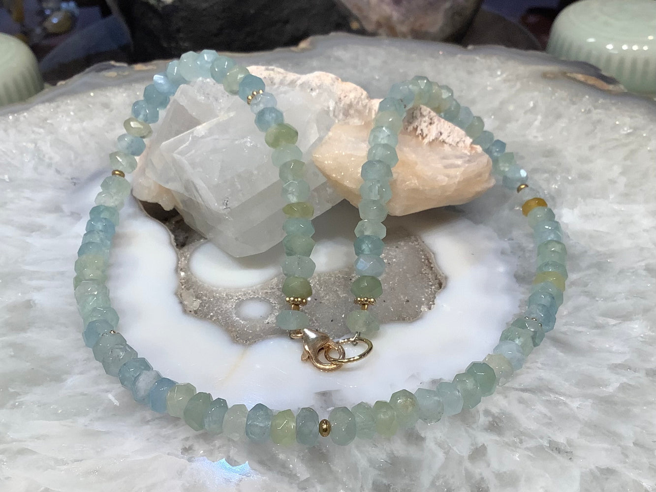 Aquamarine faceted rondelle gemstone necklace