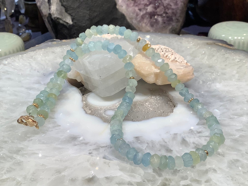 Aquamarine faceted rondelle gemstone necklace