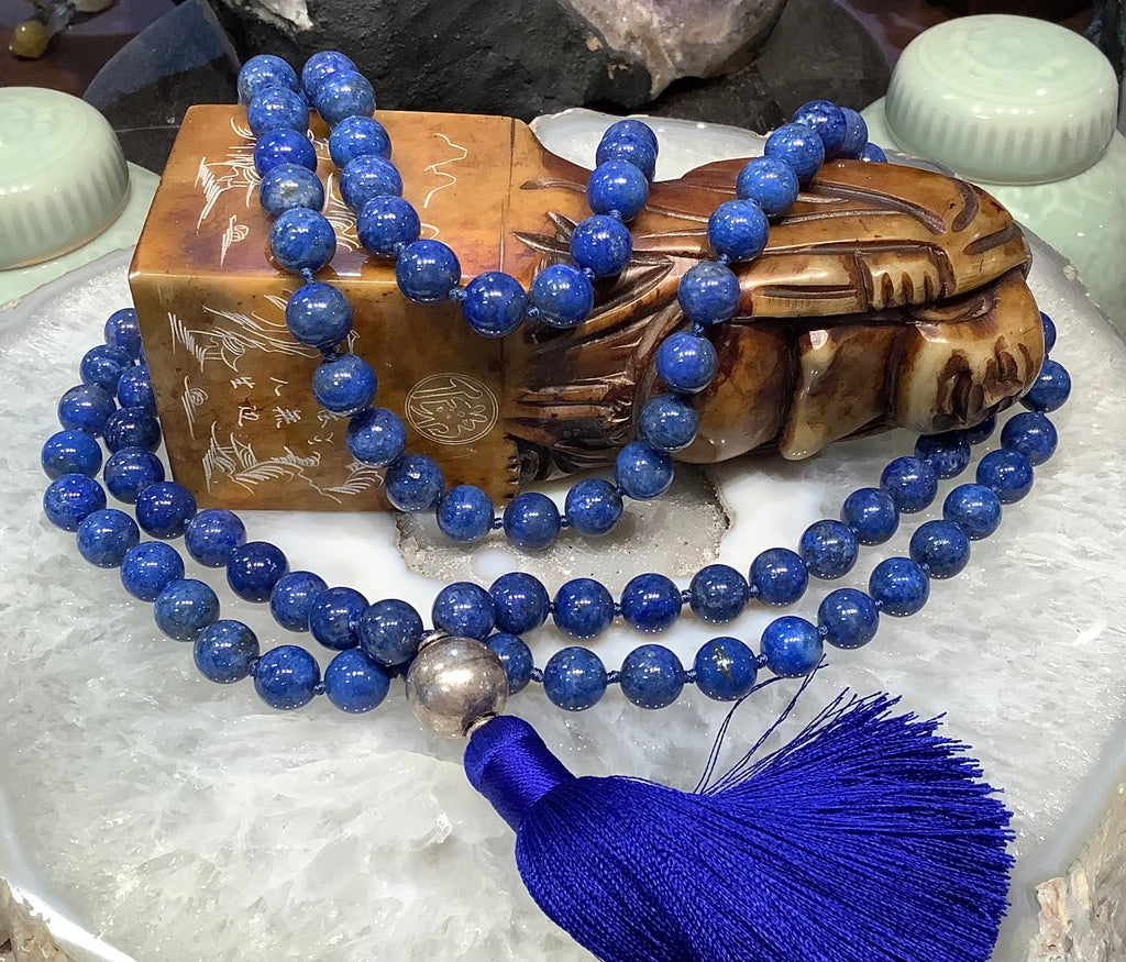 Beautiful Lapis lazuli long mala tassel gemstone necklace 108 beads