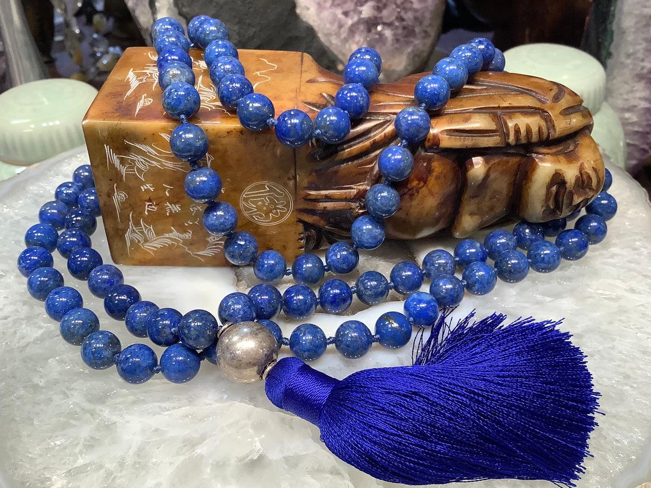 Beautiful Lapis lazuli long mala tassel gemstone necklace 108 beads