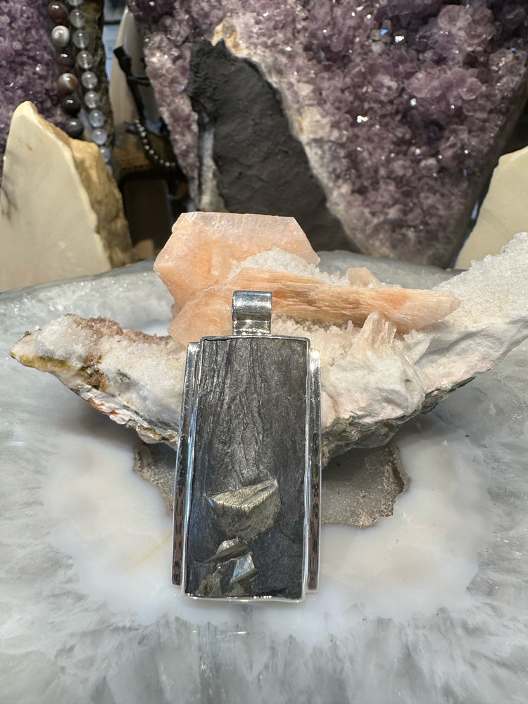 Stunning Black Slate with Pyrite sterling silver gemstone pendant