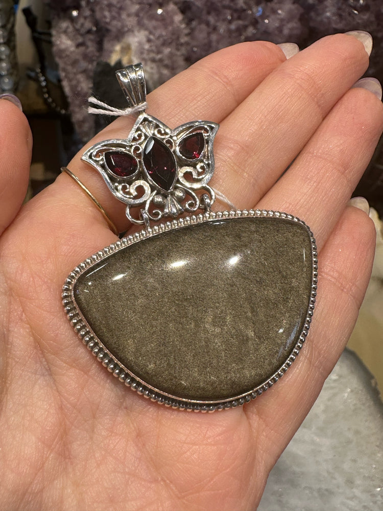 Stunning Large Golden Obsidian and Red Garnet Nepal sterling gemstone pendant