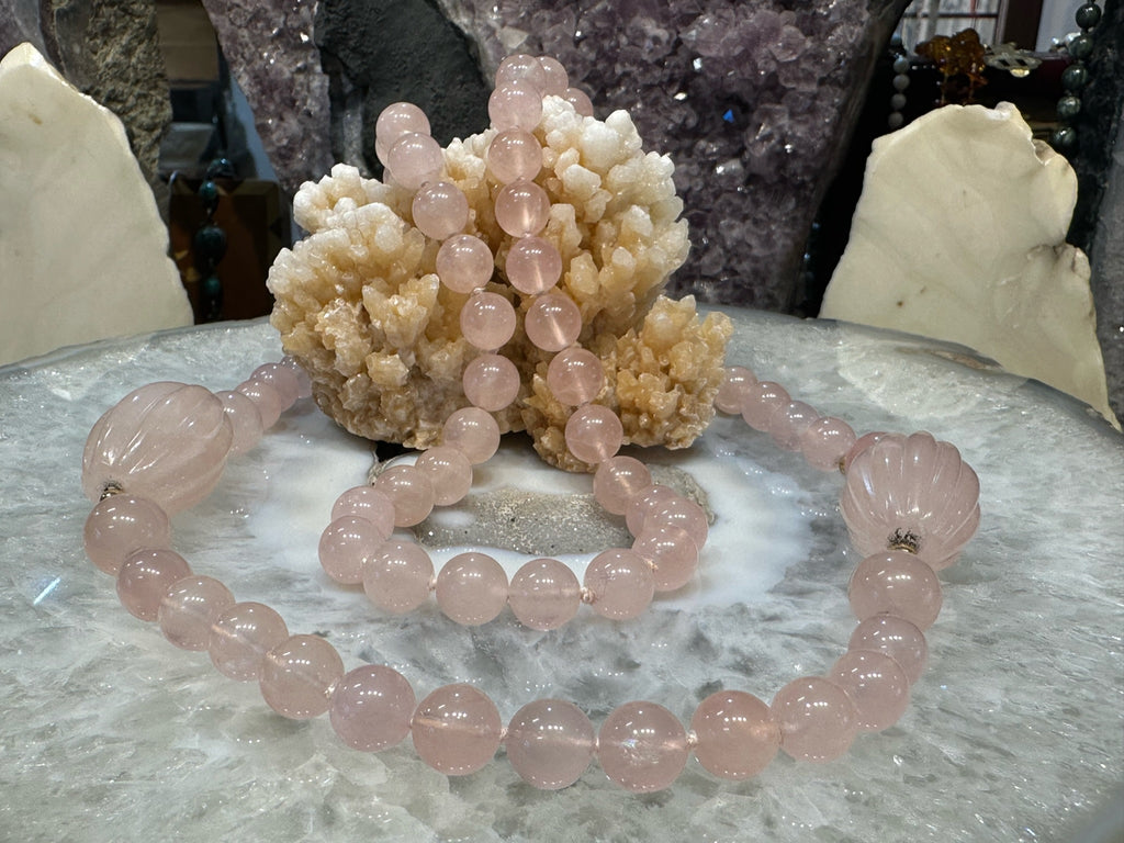 Exquisite Old Vintage Rose Quartz Gemstone Necklace with 14K Gold Spacers