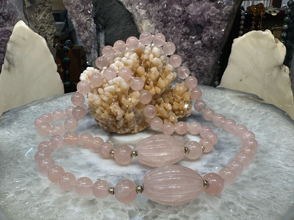 Exquisite Old Vintage Rose Quartz Gemstone Necklace with 14K Gold Spacers