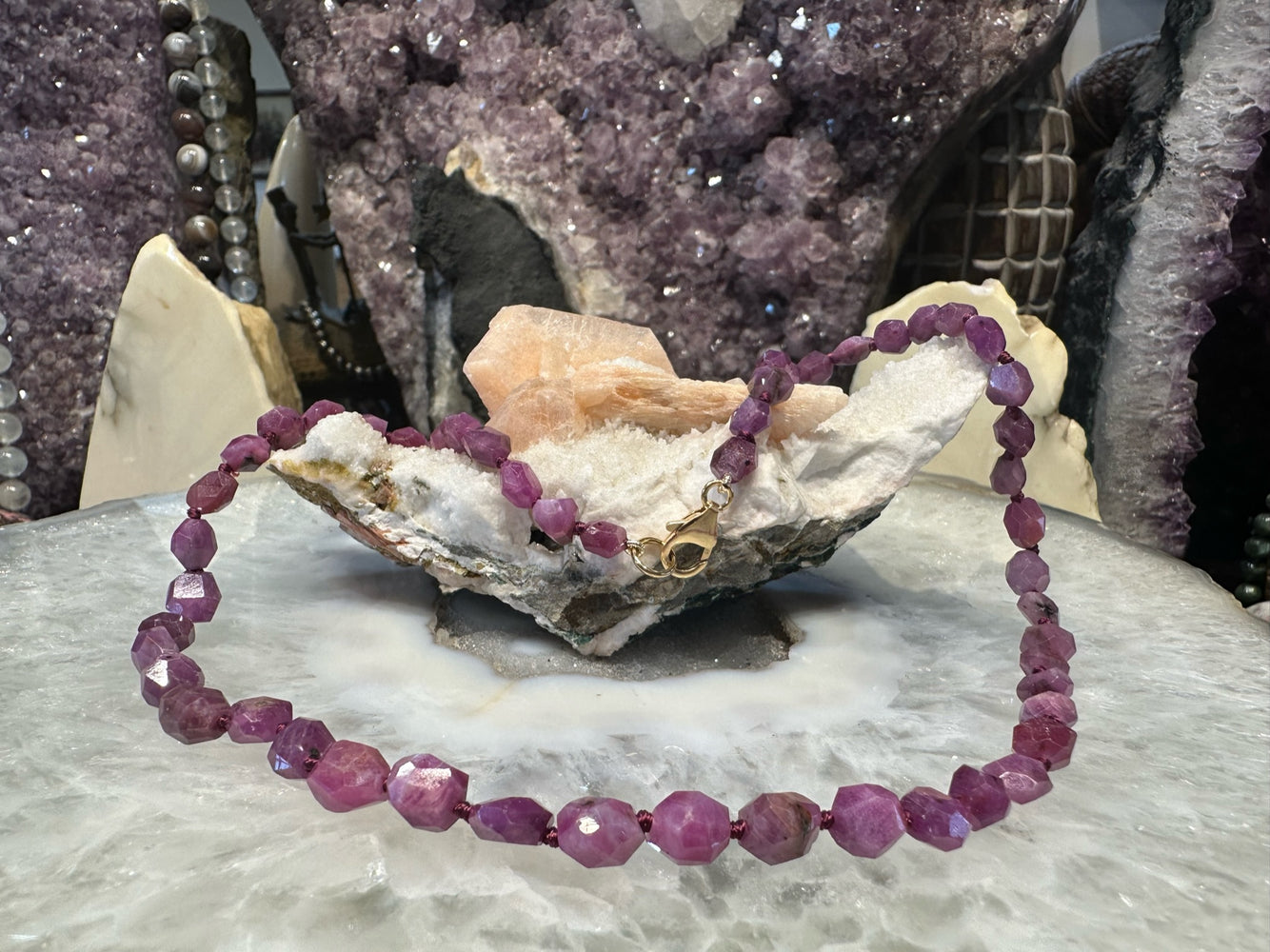 Stunning Ruby faceted Hand Cut gemstone knotted necklace