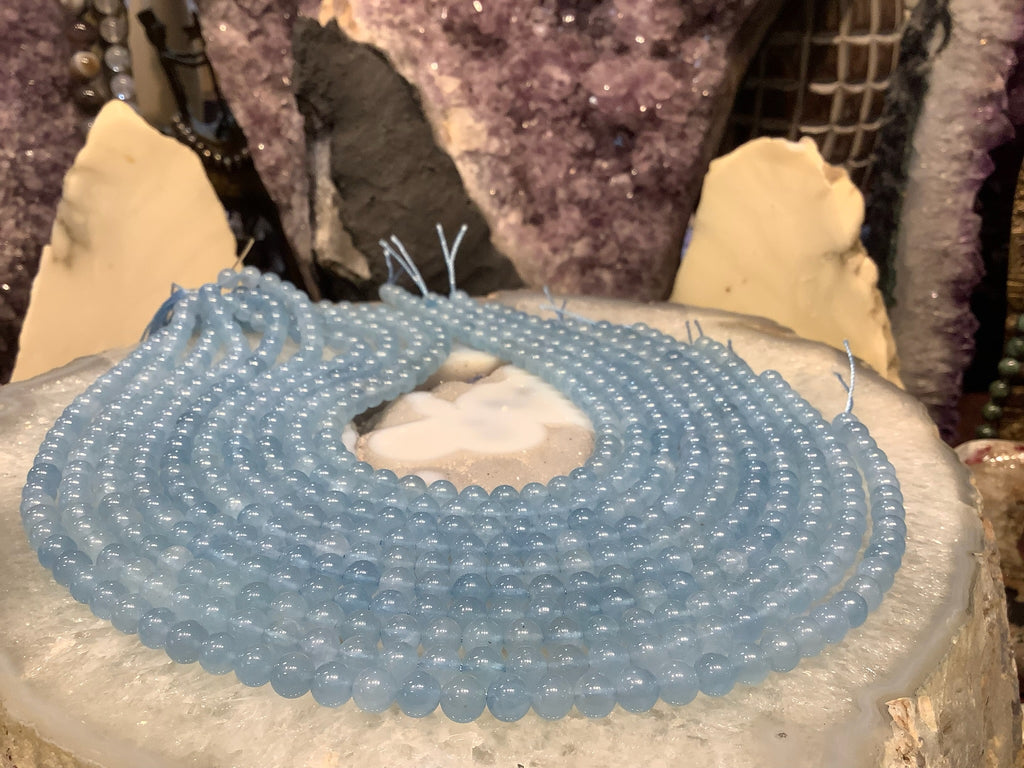 Natural Blue Aquamarine Round Gemstone Beads - 6.5mm