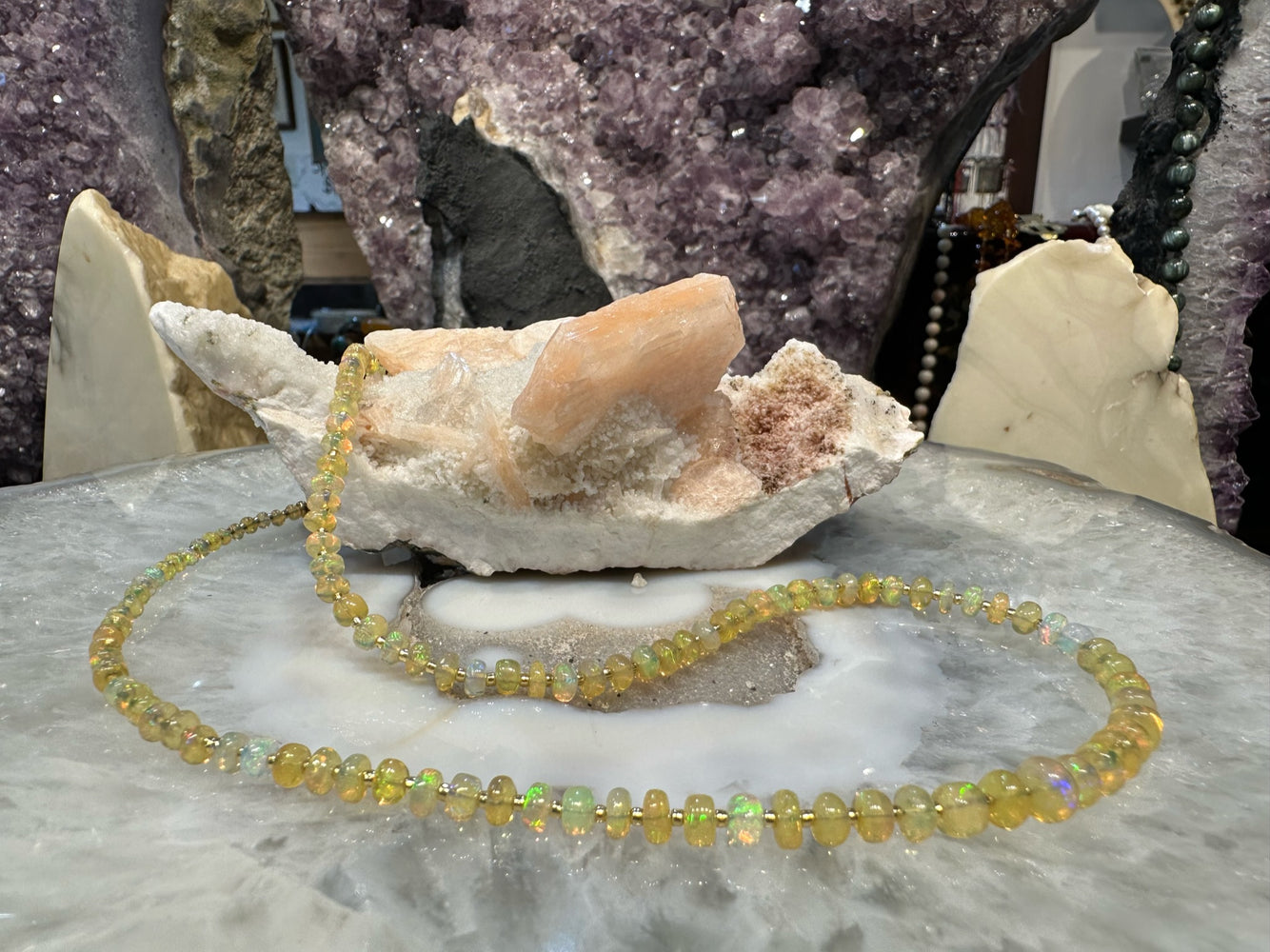 Sparkling Ethiopian welo fire opal gemstone necklace