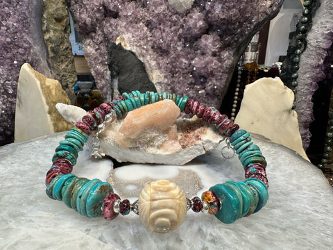 Beautiful Natural Turquoise, Purple Spiny Oyster Rondelle Gemstone Necklace