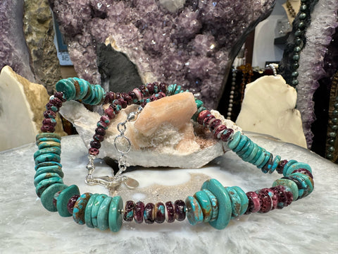 Beautiful Natural Turquoise, Purple Spiny Oyster Rondelle Gemstone Necklace #2