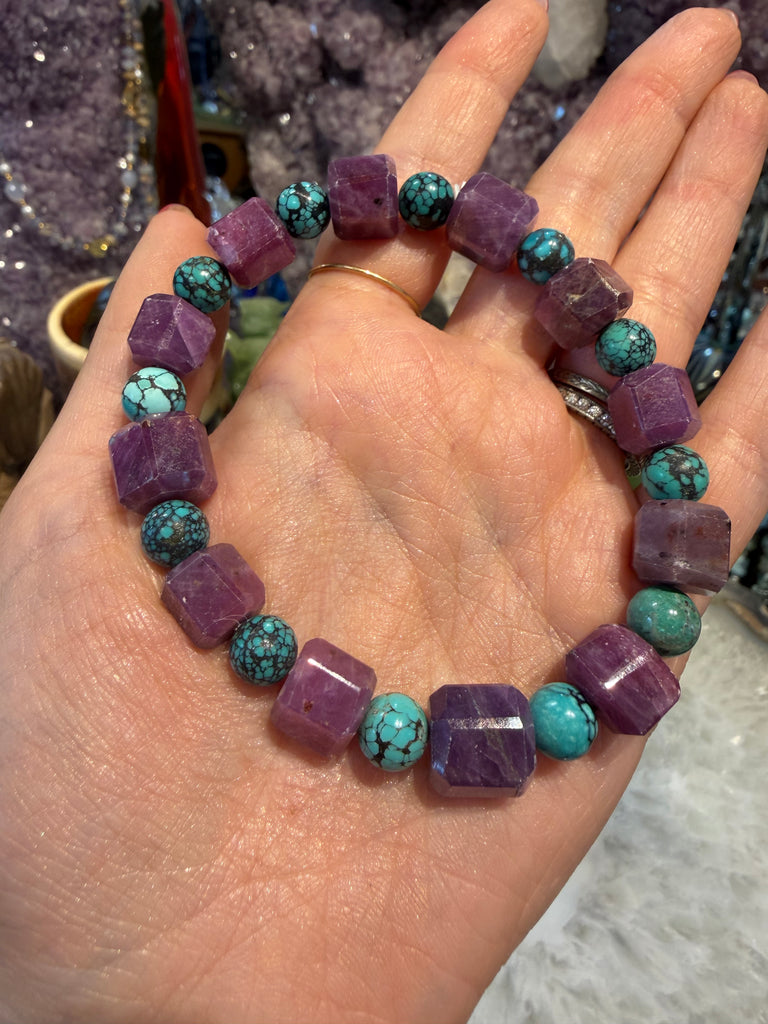Rare Beautiful Natural Ruby Hexagon & Turquoise gemstone bracelet