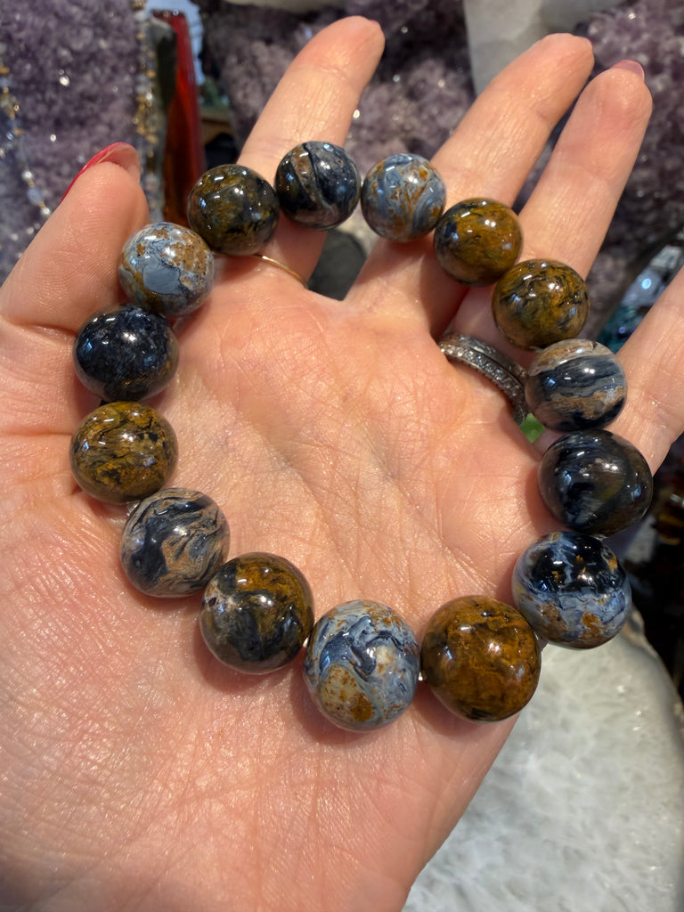 Rare 14mm Blue Pietersite Gemstone Beads Bracelet