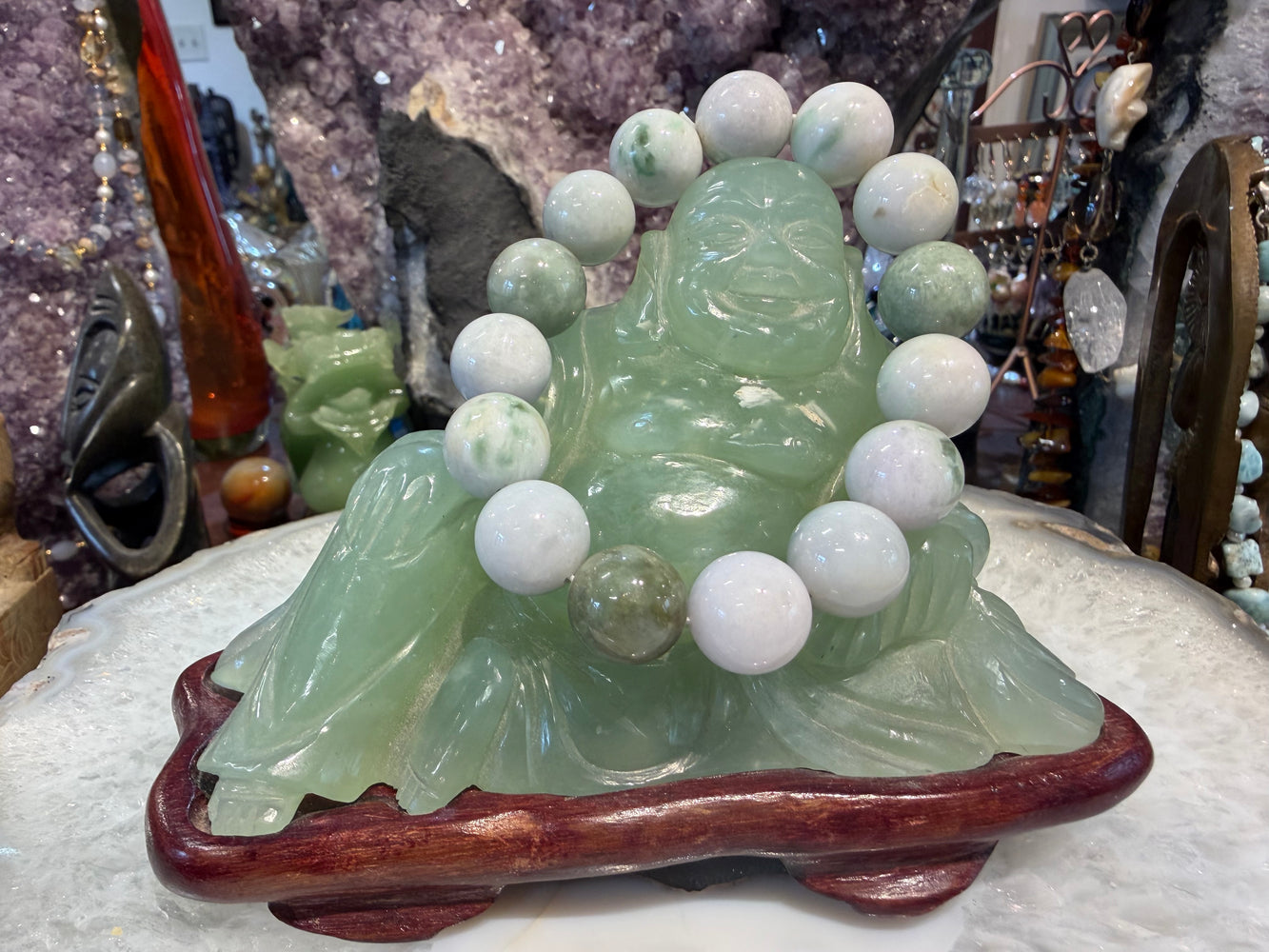 Lavender green Burma jadeite jade 15mm gemstone bead bracelet