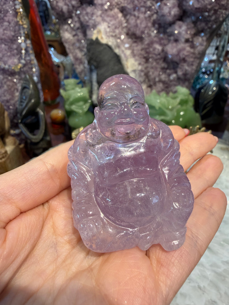 Amethyst lavender laughing Buddha carving