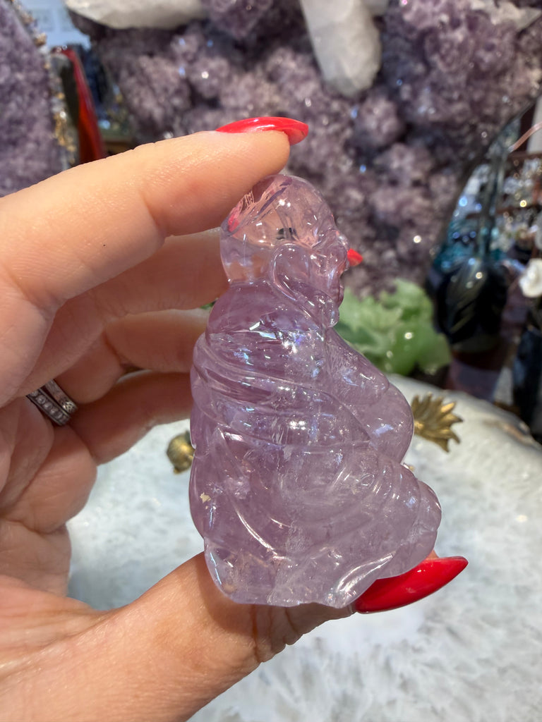 Amethyst lavender laughing Buddha carving