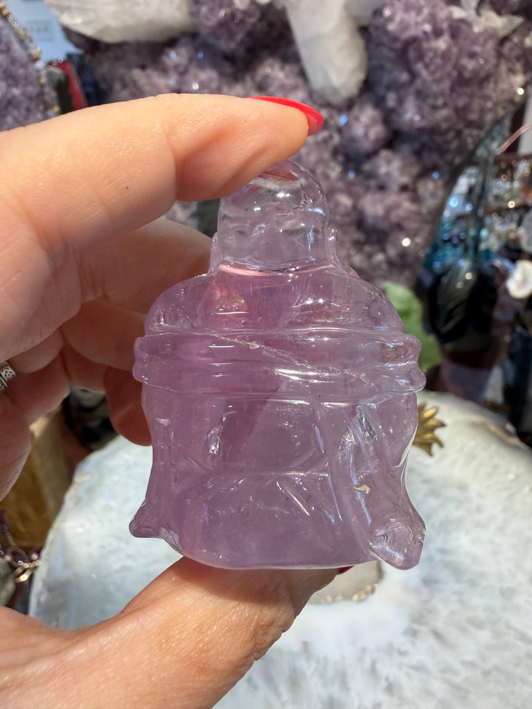 Amethyst lavender laughing Buddha carving