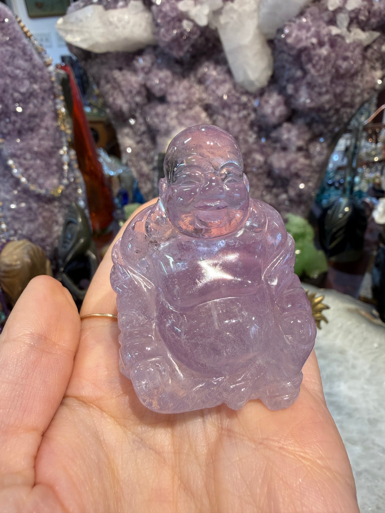 Amethyst lavender laughing Buddha carving