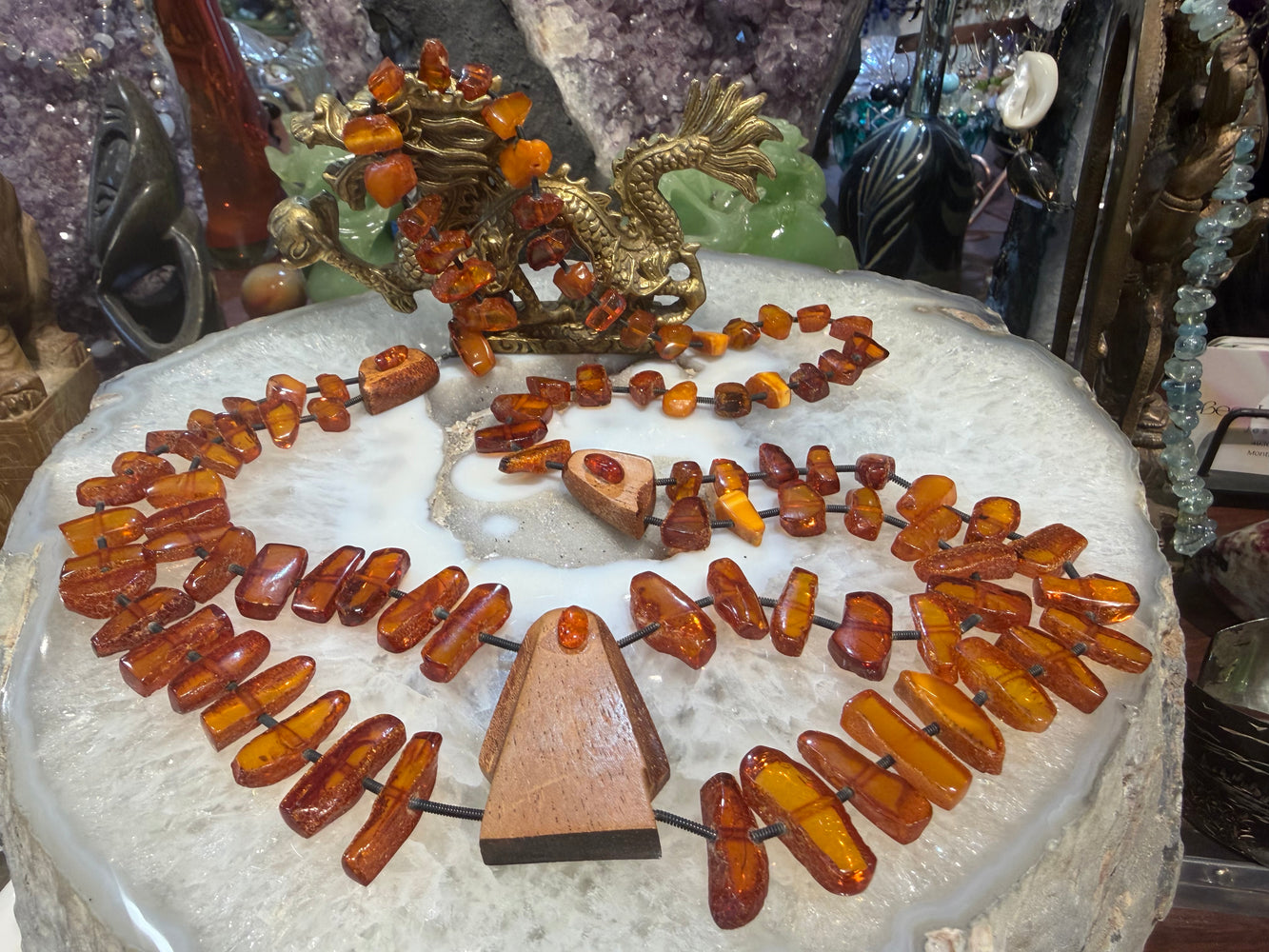 Vintage mid century mod amber & wood necklace