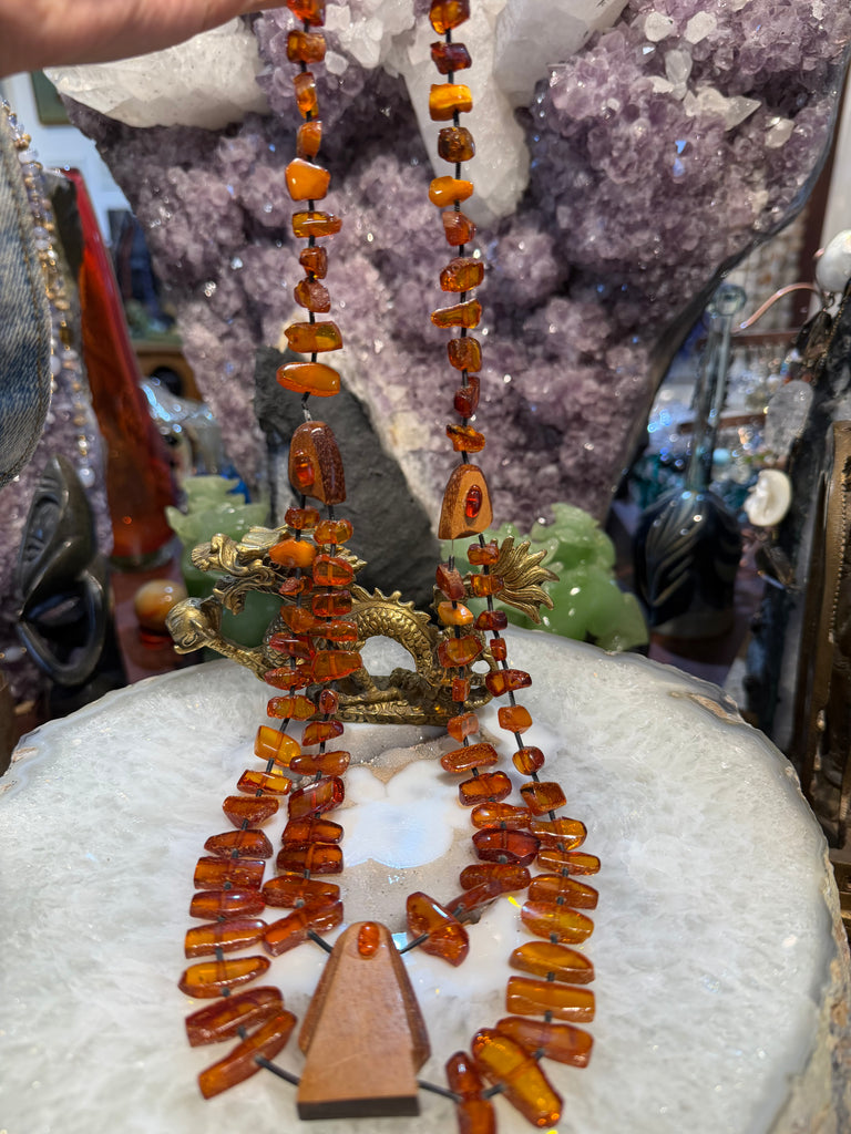Vintage mid century mod amber & wood necklace