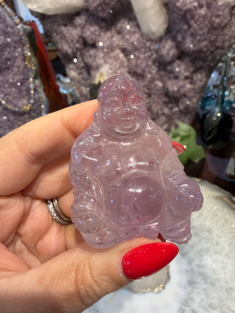 Amethyst lavender laughing Buddha carving