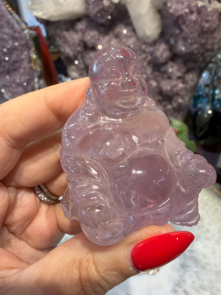 Amethyst lavender laughing Buddha carving