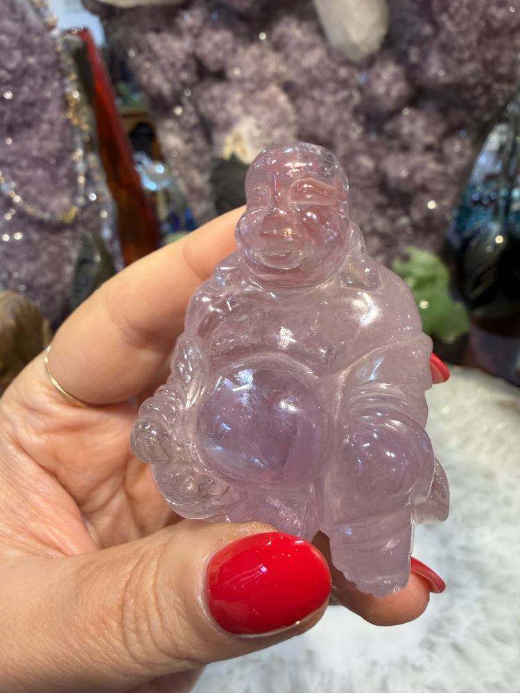 Amethyst lavender laughing Buddha carving