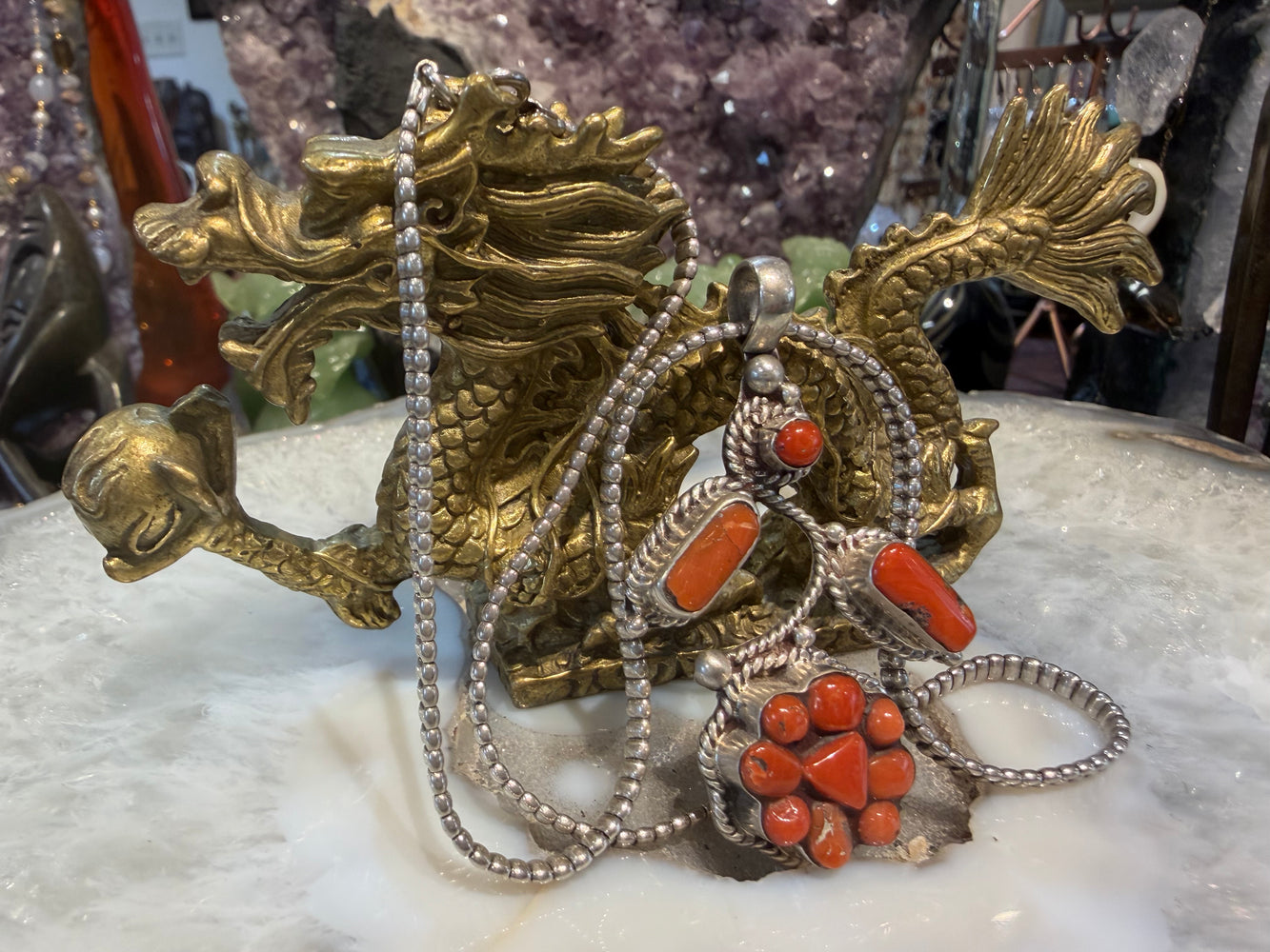Vintage red coral & sterling silver chain necklace