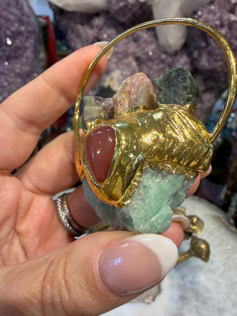 Large rough Emerald & tourmaline gold plated pendant