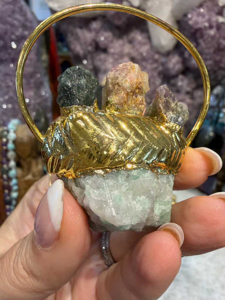 Large rough Emerald & tourmaline gold plated pendant