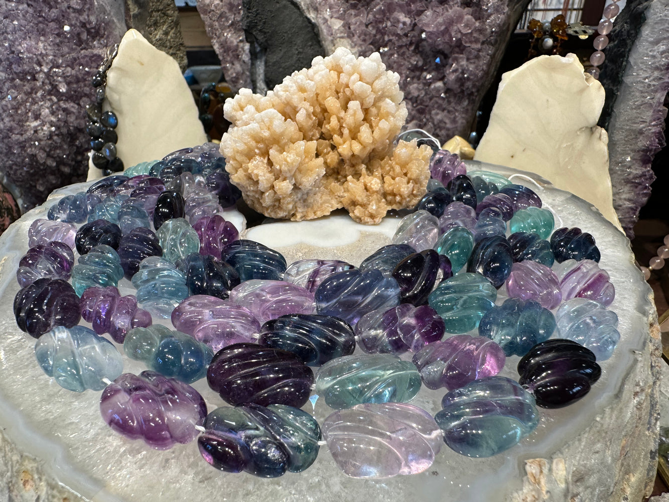 Rainbow swirl carved flourite 24mm cloud gemstone