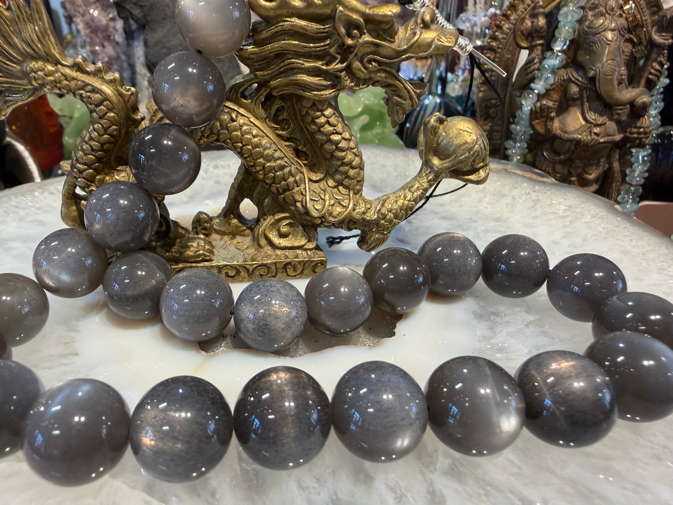 Perles de pierre de lune rutiles gris argent foncé 15,5 mm