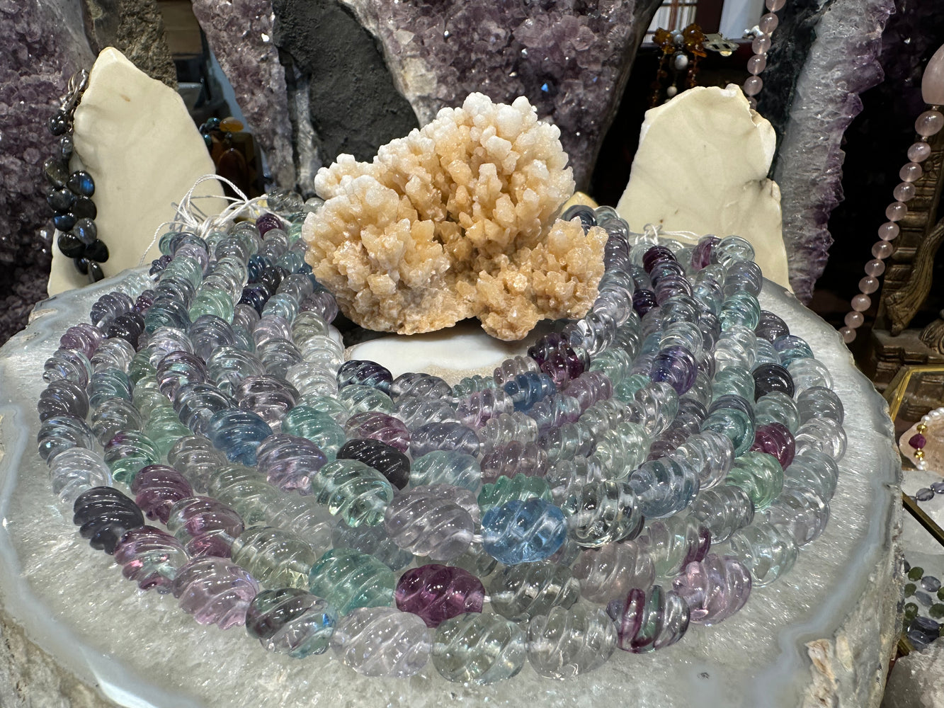 Rainbow fluorite pastel carved 13mm swirl gemstone
