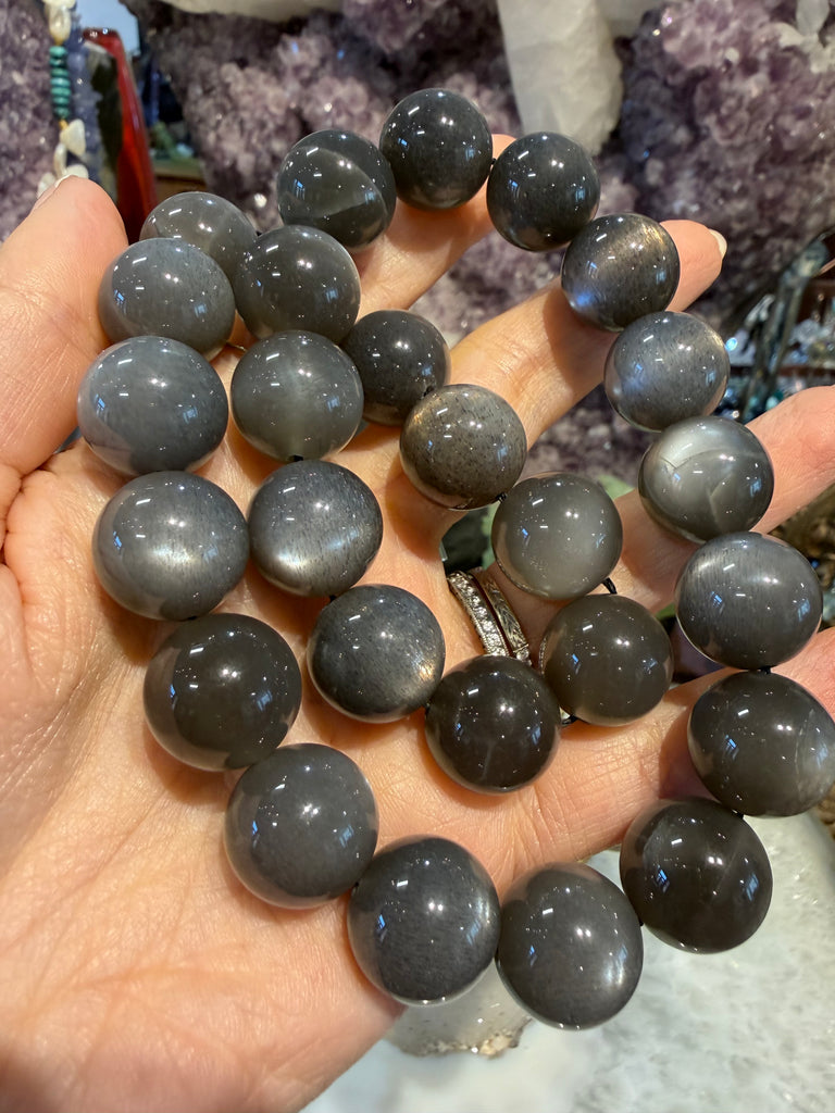 15.5mm Top Dark Silver Gray Rutile Moonstone Gemstone Beads