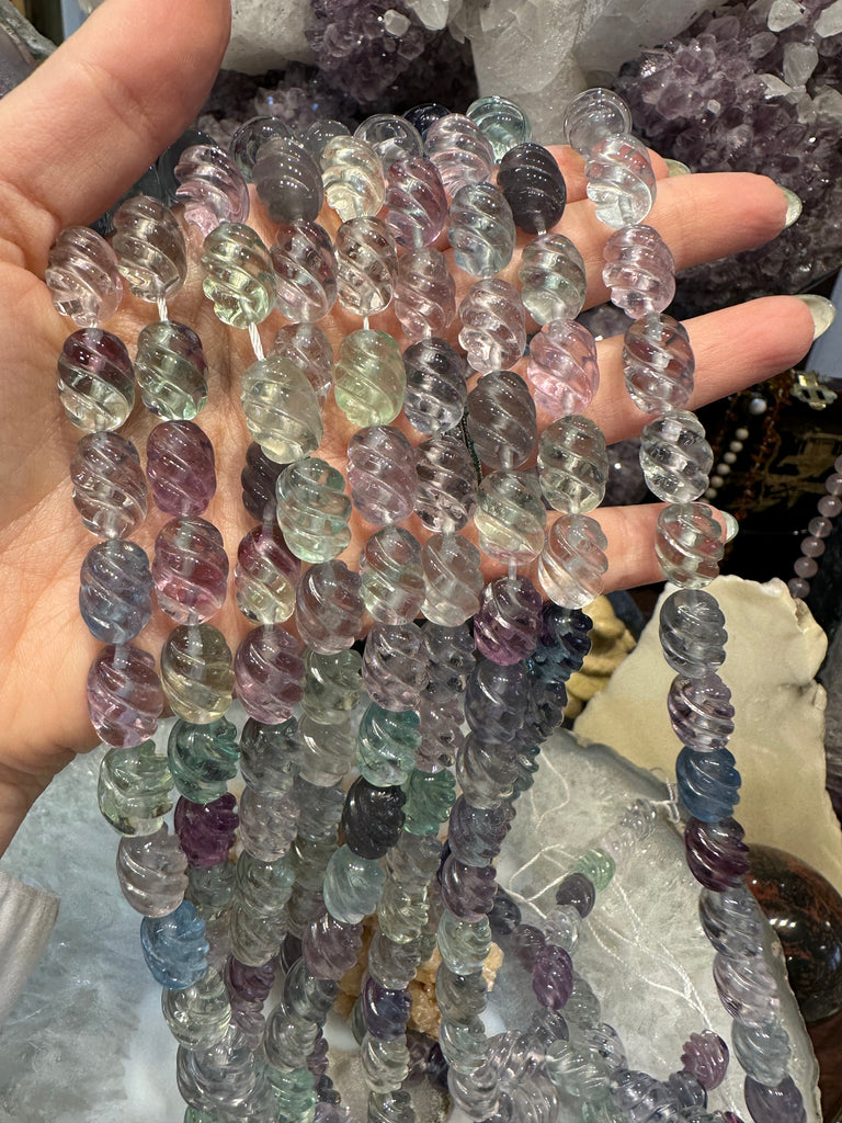 Rainbow fluorite pastel carved 13mm swirl gemstone