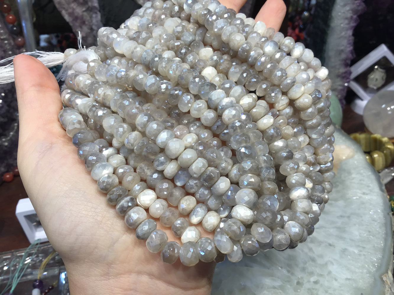 7.5-8mm Mystic White Moonstone Faceted Rondelle Gemstone Beads