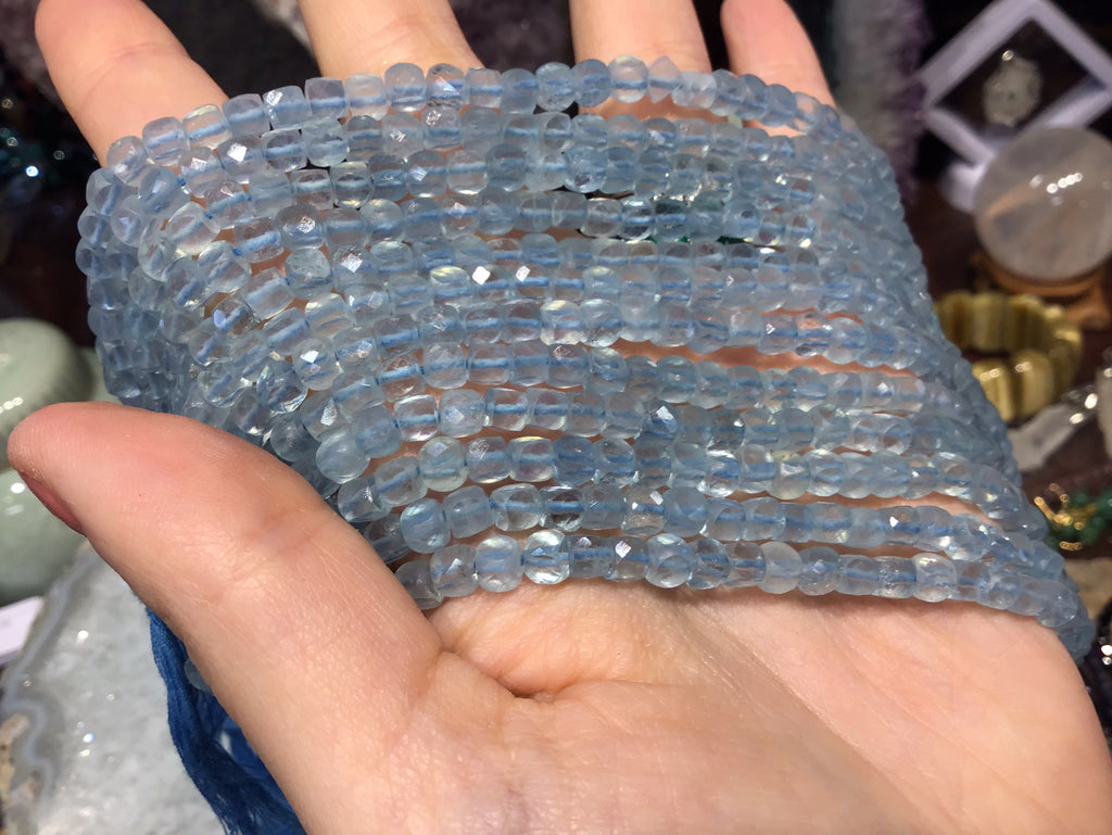 4mm Natural Faceted Aqua Blue Aquamarine Cubes