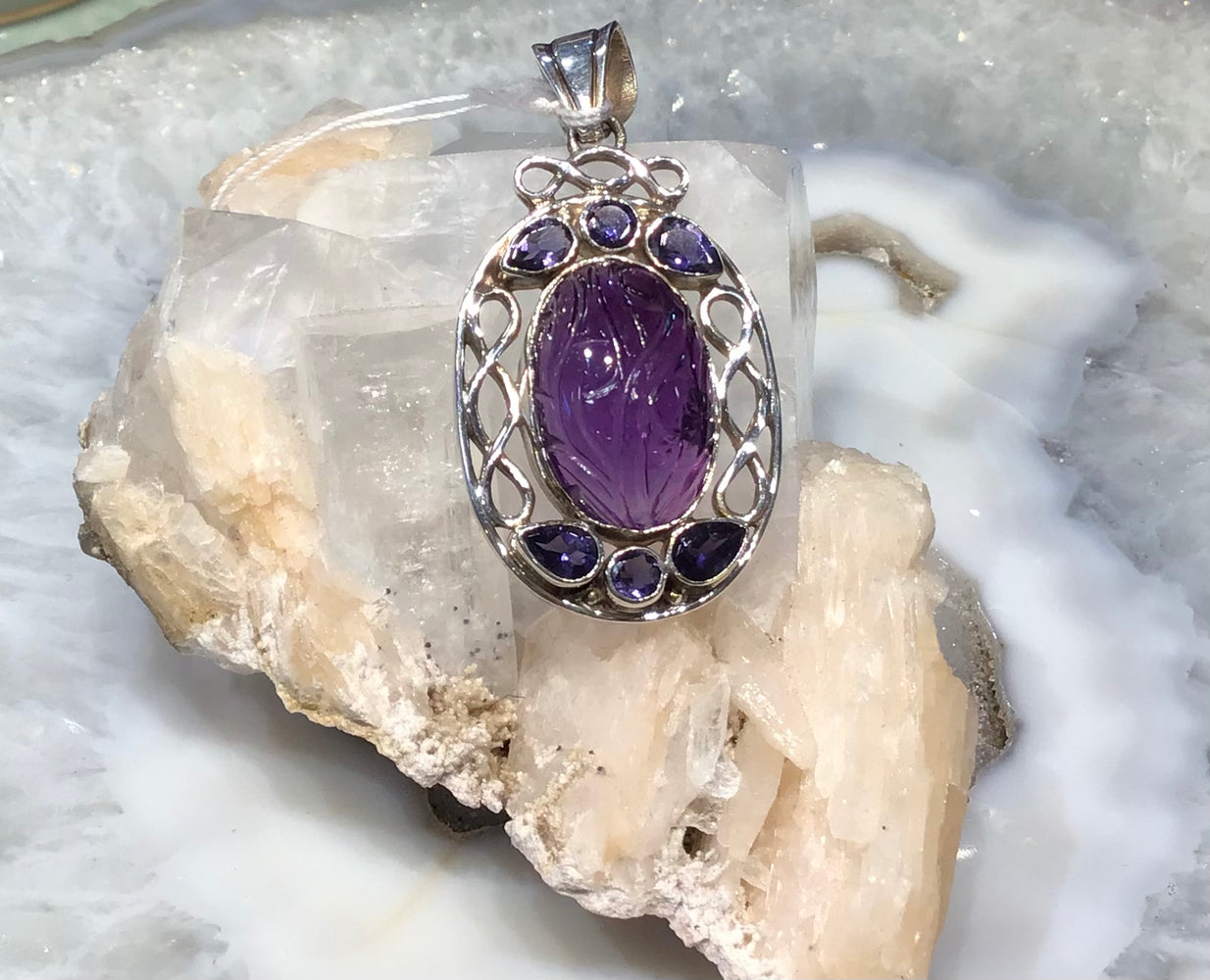 Carved amethyst & iolite Nepal sterling gemstone pendant