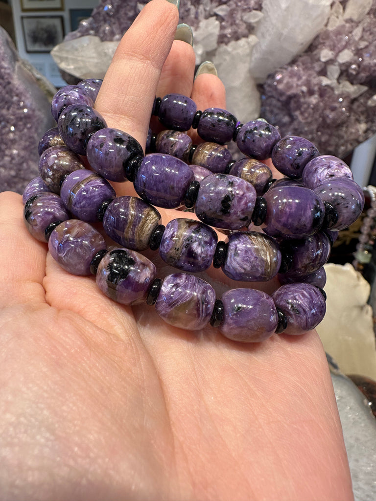 Superb Charoite barrel 12mm gemstone bracelet