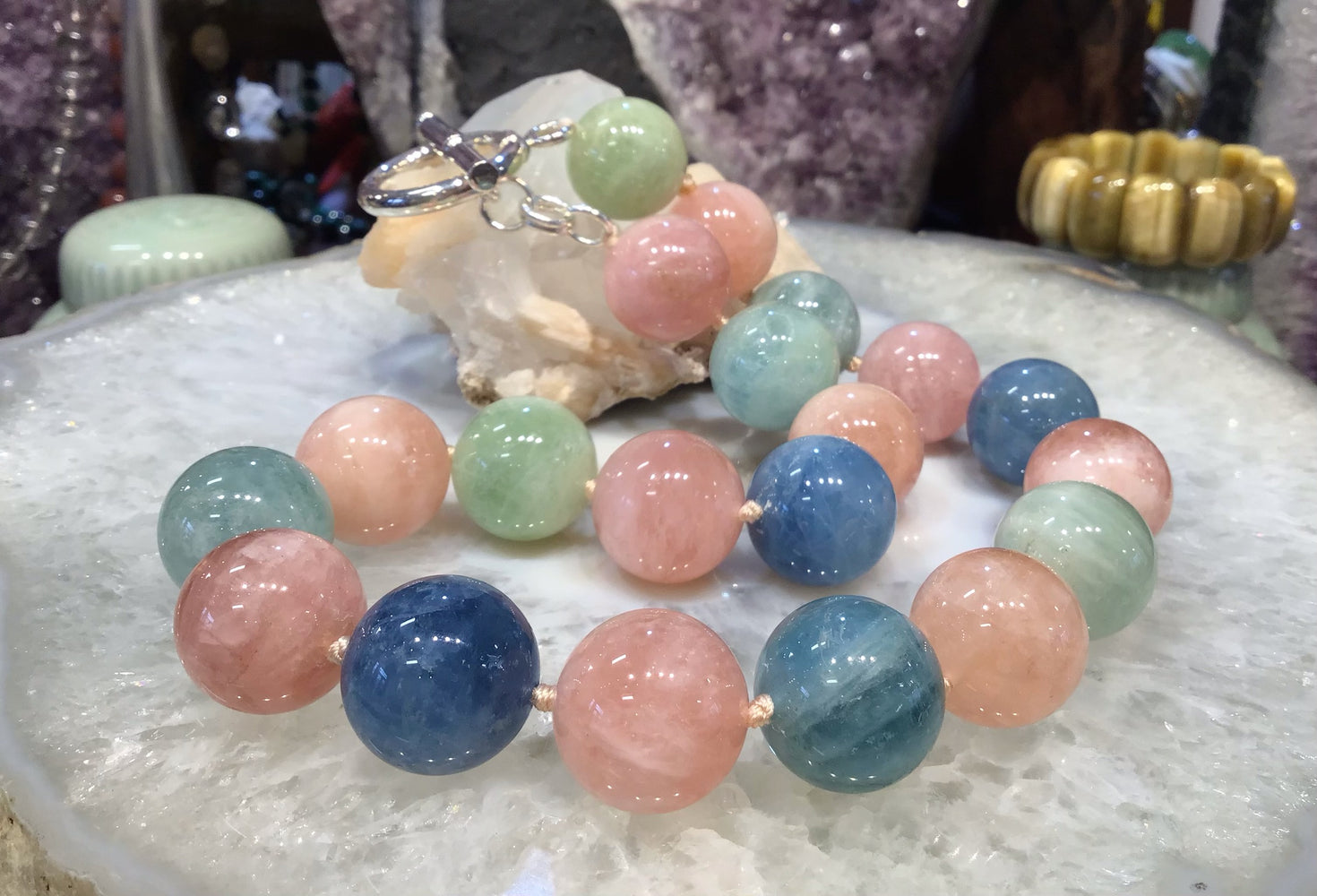 Natural 20mm Mixed Beryl Aquamamarine Morganite Round Gemstone Bead Necklace