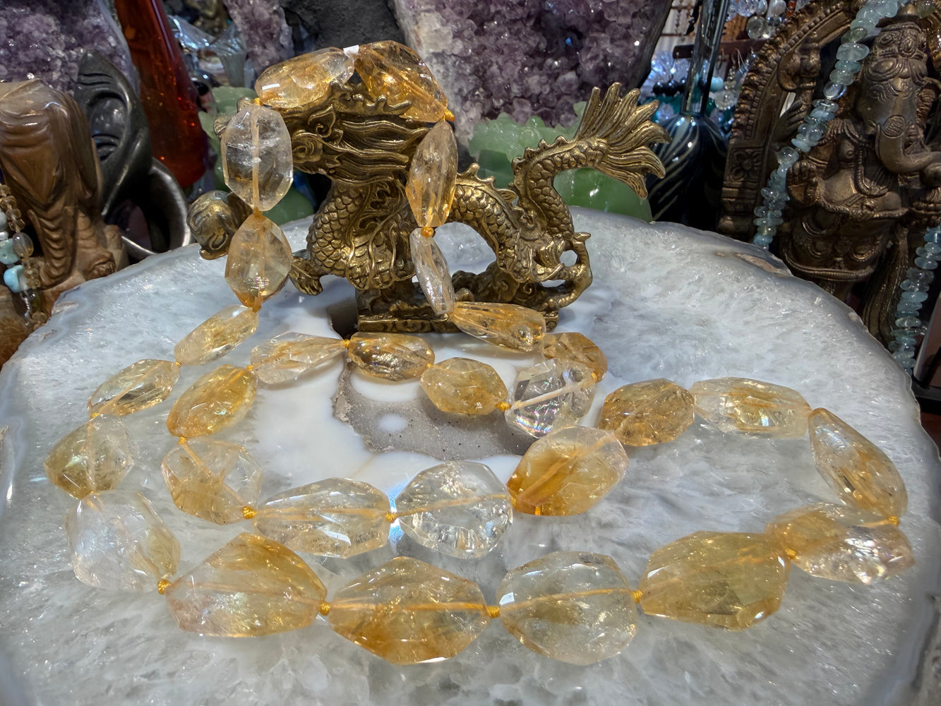 Stunning citrine faceted gem cut long knotted gemstone beads