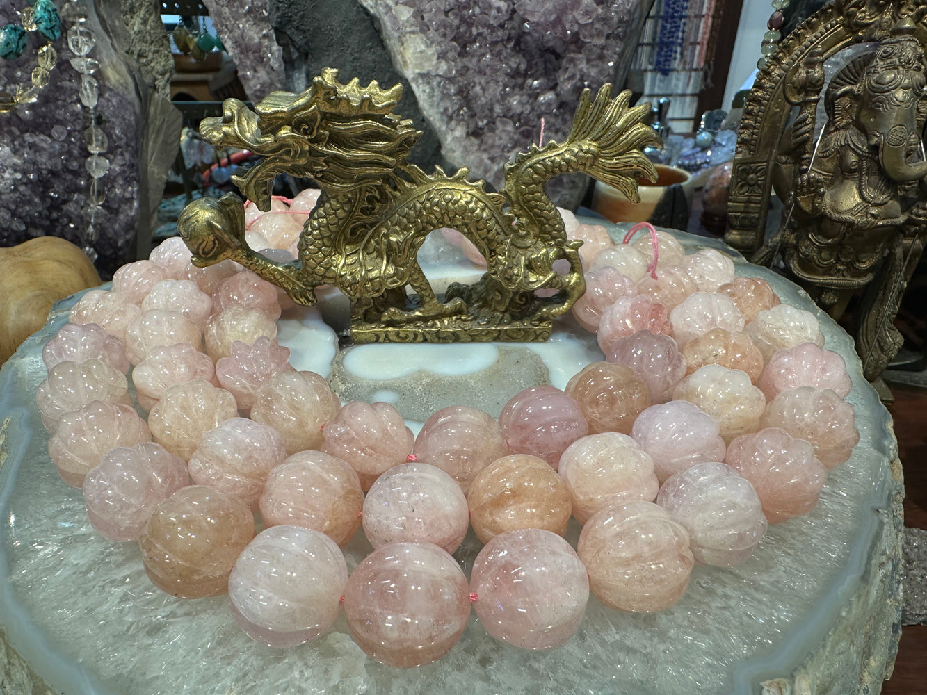 Morganite carved 20mm melon gemstones beads