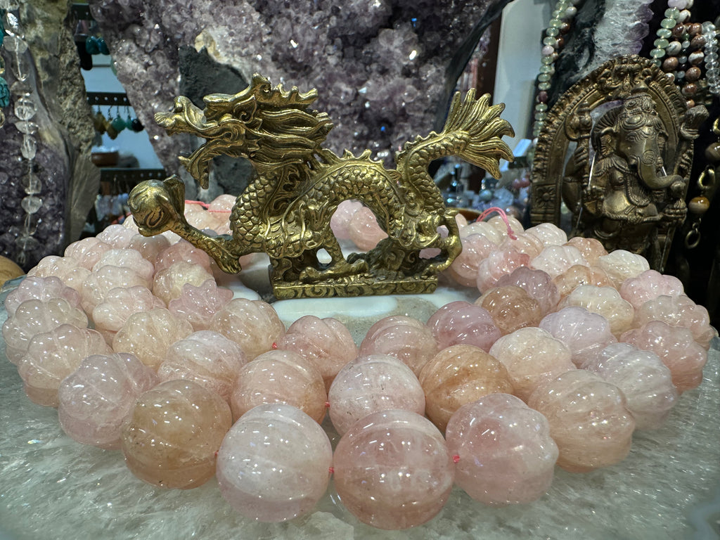 Morganite carved 20mm melon gemstones beads