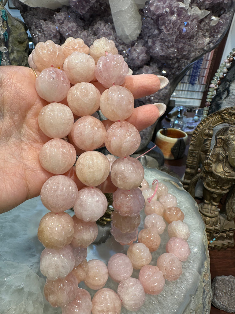 Morganite carved 20mm melon gemstones beads
