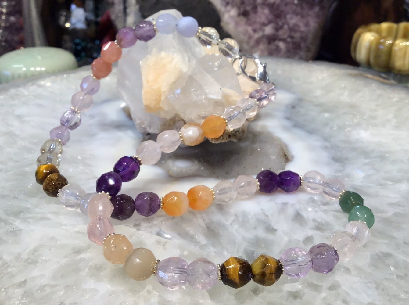 8mm Faceted Multi Gemstone Bead Necklace - Mixed Gemstones