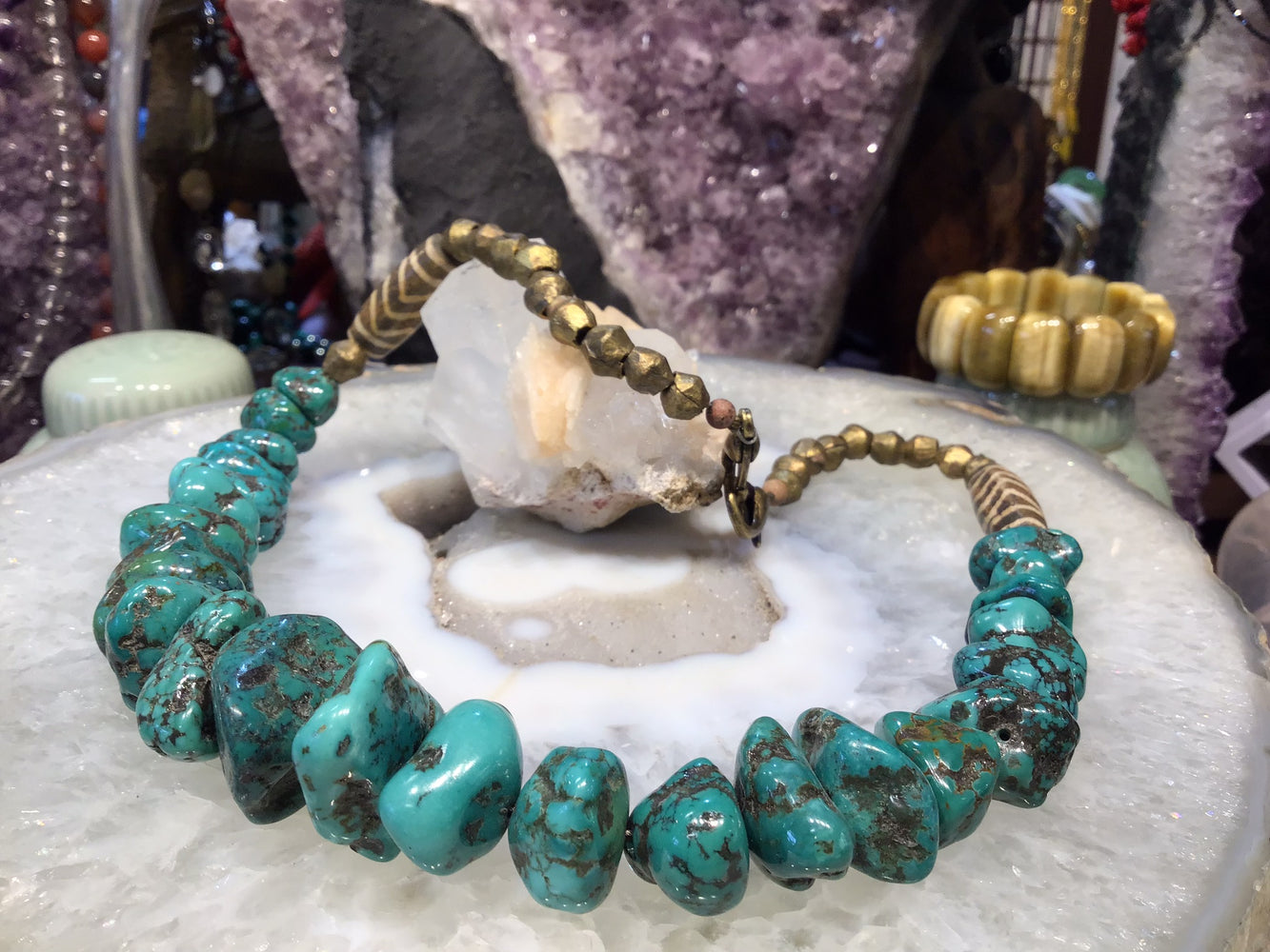 Beautiful Natural Turquoise Gemstone Necklace with Vintage Brass Beads
