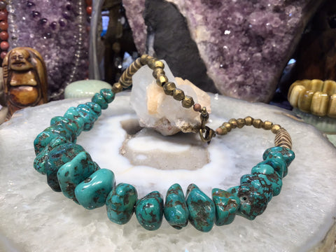 Beautiful Natural Turquoise Gemstone Necklace with Vintage Brass Beads