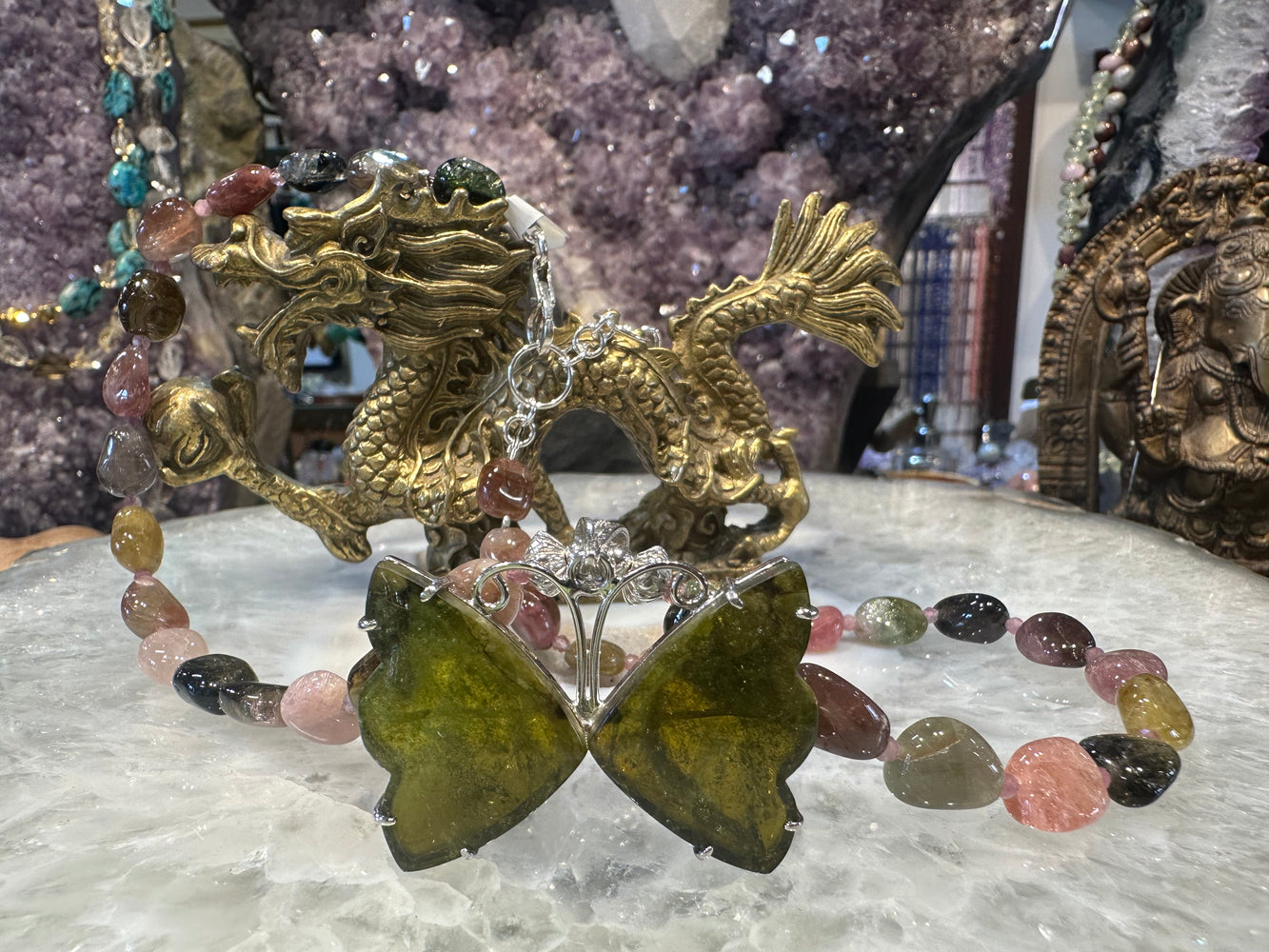 Gorgeous Tourmaline green butterfly & gemstone necklace