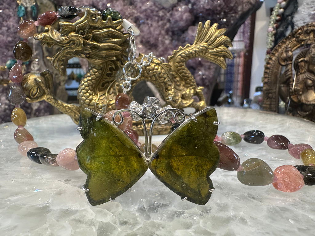Gorgeous Tourmaline green butterfly & gemstone necklace
