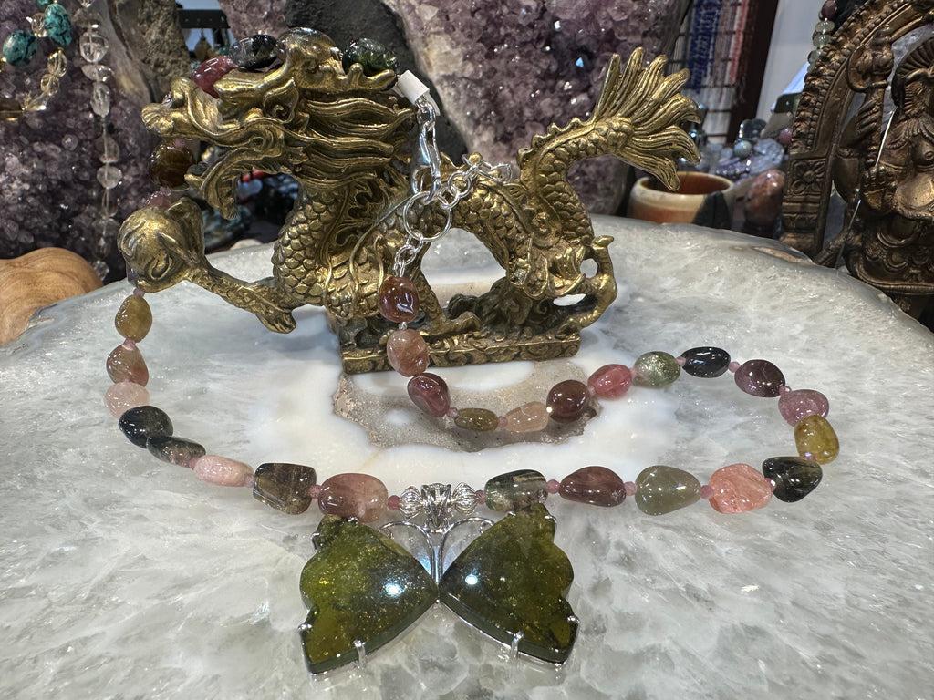 Gorgeous Tourmaline green butterfly & gemstone necklace