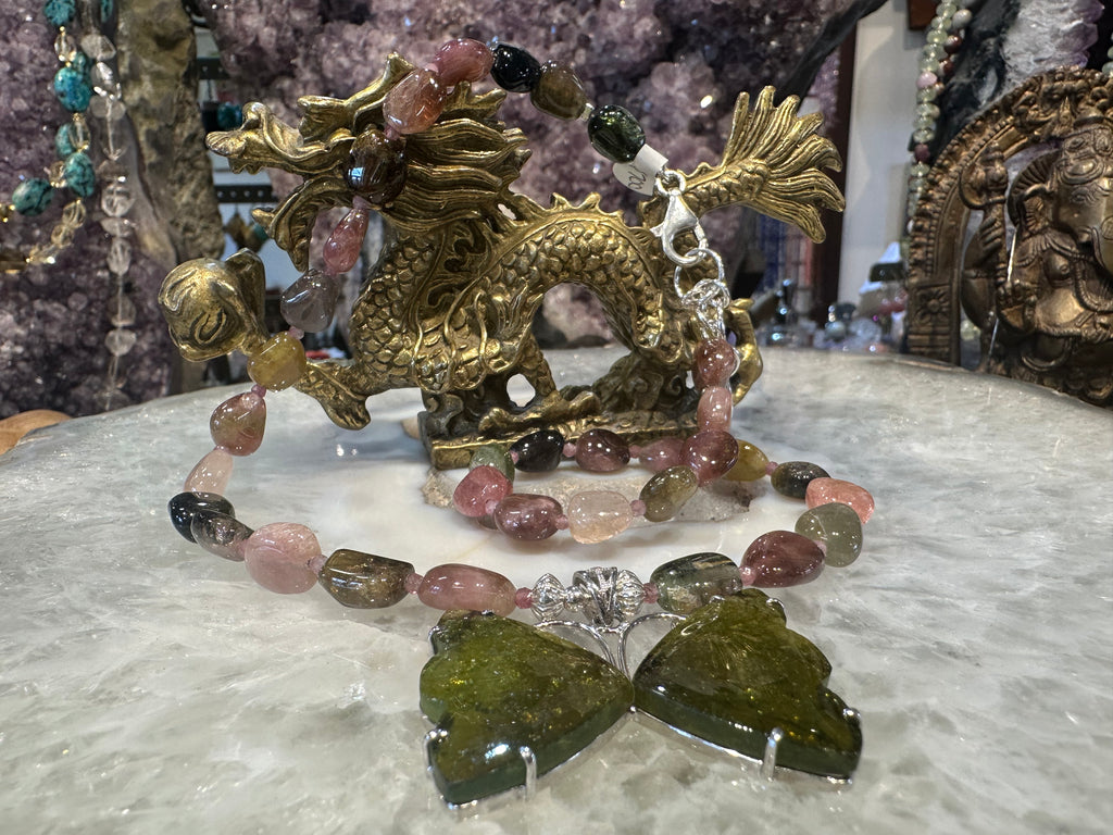 Gorgeous Tourmaline green butterfly & gemstone necklace